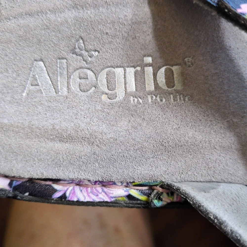 Alegria Shoes Womens Dinah Black Flora EUR 39 Leather Sandals Slide Wedge NEW